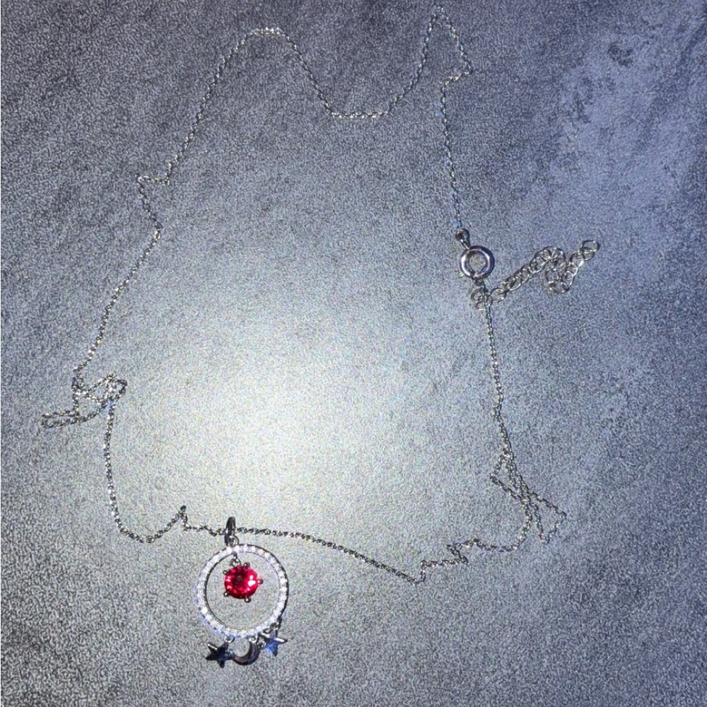 Silver necklace with swarovski crystal and ruby charms